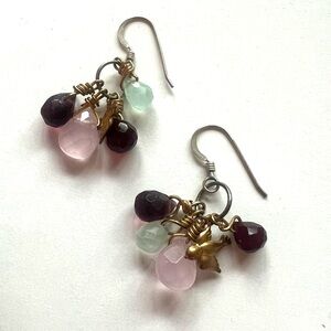 Anthropologie pink mint, deep plum gemstone cluster drop earrings bird